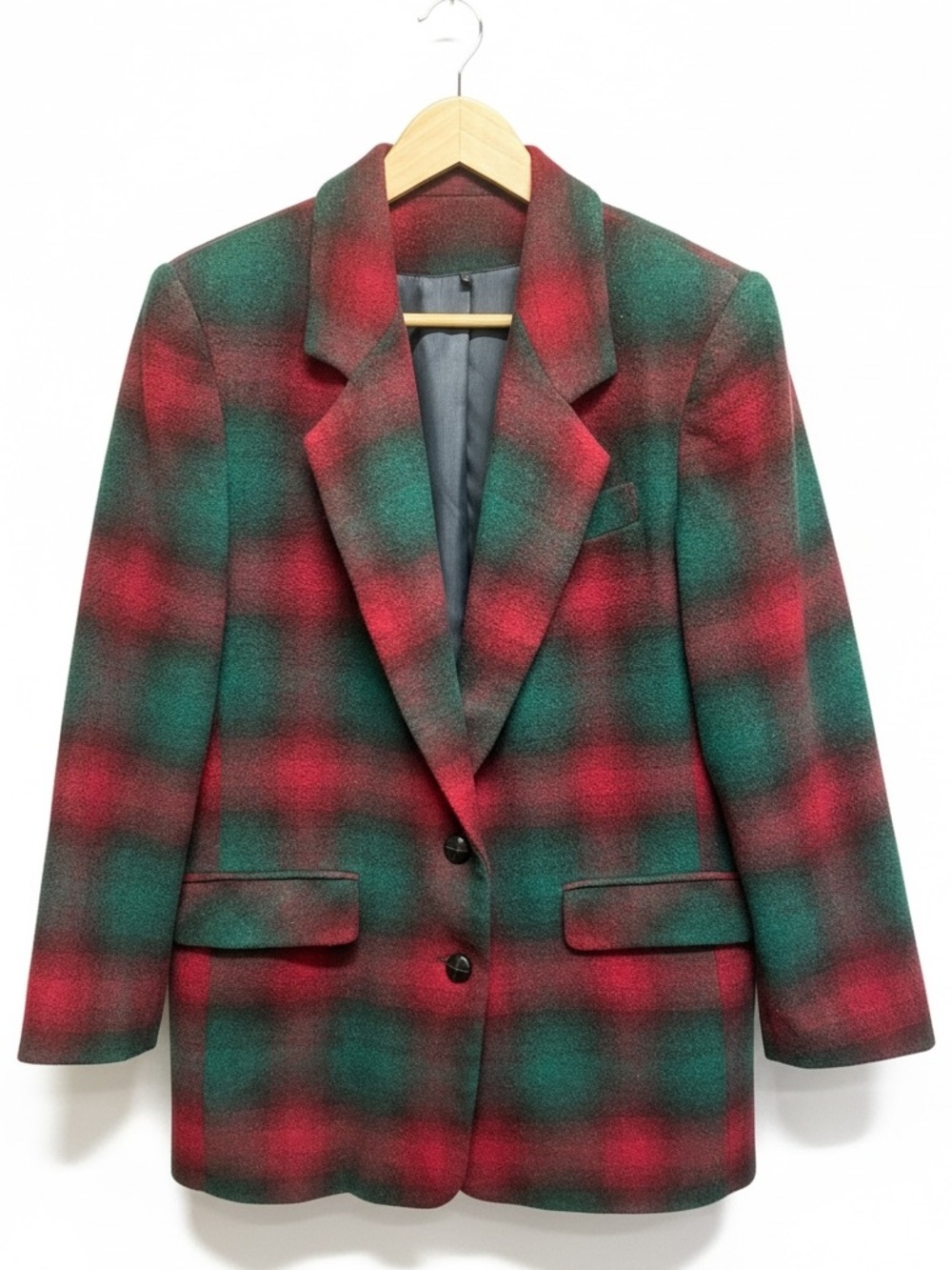 Vintage Red Green Plaid Wool Blend Single Breasted Blazer Jacket Size M